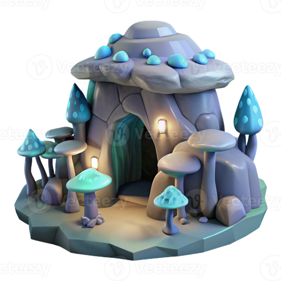 wonderful abstract Subterranean dwelling, carved into rock, bioluminescent fungi providing soft illumination, mystical style high resolution png
