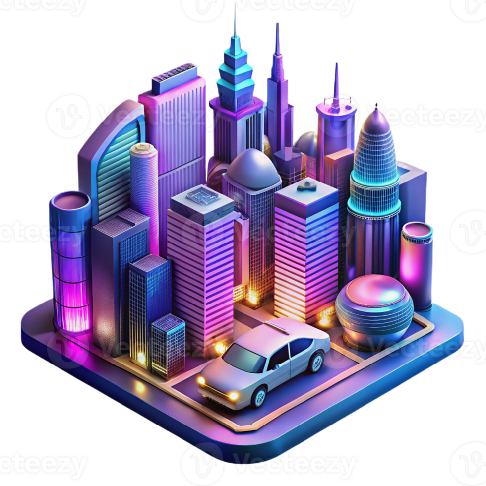 elegant rustic A stylized, art illustration of a futuristic cityscape with flying cars and towering skyscrapers, illuminated by vibrant neon lights 4K png