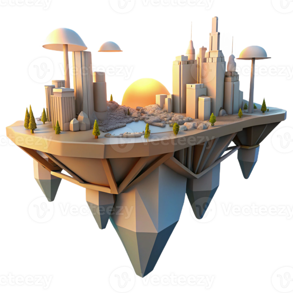 impressive creative Floating island city, interconnected by bridges and walkways, sunset casting long shadows, science fiction style high resolution png