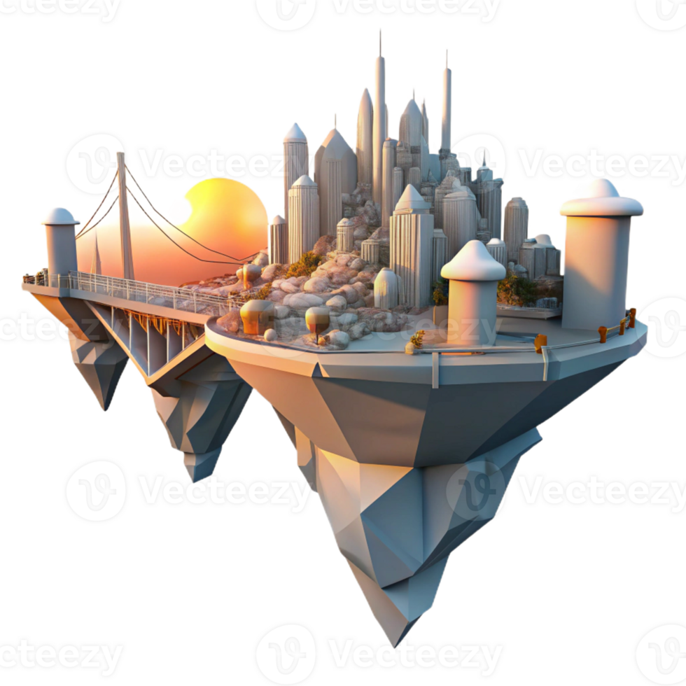 serene modern Floating island city, interconnected by bridges and walkways, sunset casting long shadows, science fiction style genuine png