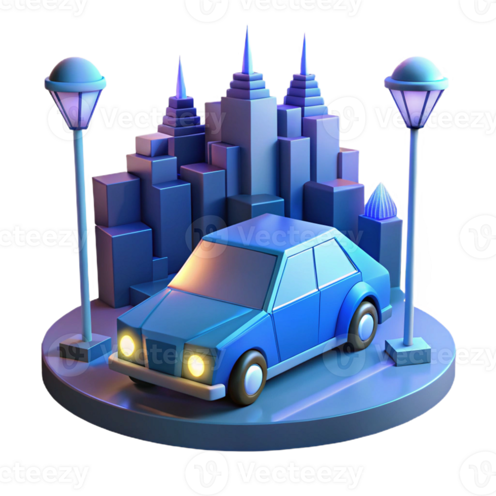 elegant abstract A stylized, low-poly model of a self-driving car navigating a futuristic city, illuminated by the cool blue light of streetlights high quality png