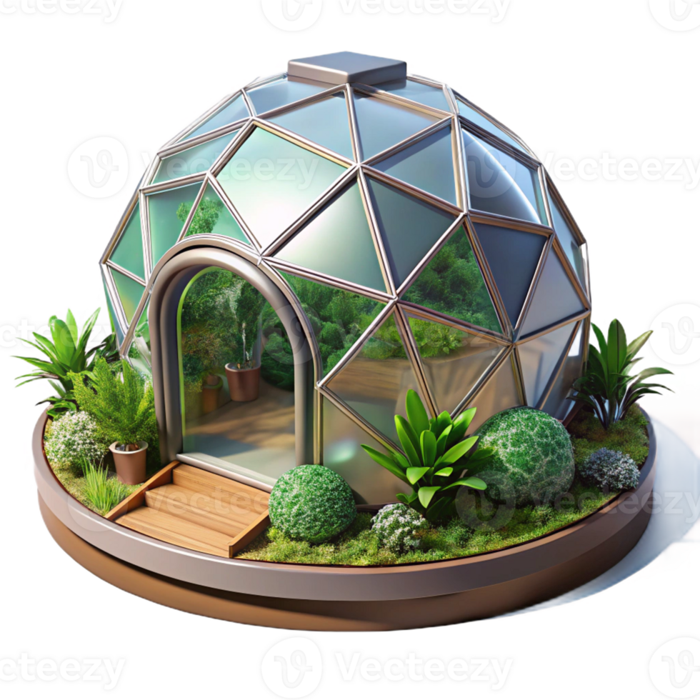 beautiful artistic Bio-dome, geodesic structure, lush vegetation, controlled lighting, futuristic style professional png