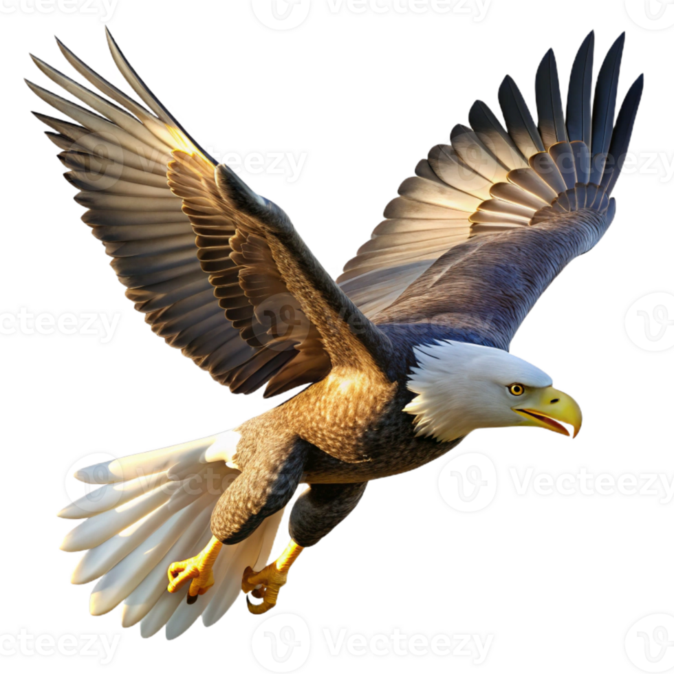 vibrant classic A powerful bald eagle soaring through the sky, illuminated by the bright midday sun, in a realistic wildlife photography style exclusive png