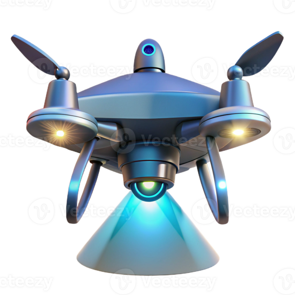elegant rustic A futuristic drone hovering in mid-air, illuminated by a spotlight from below, in a photorealistic style genuine png