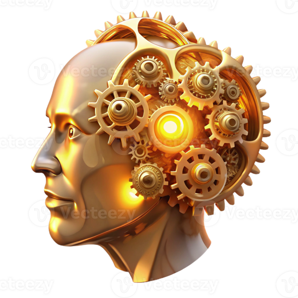 beautiful rustic A complex network of interconnected gears and cogs forming the shape of a human head, illuminated by a warm, golden light, in a steampunk style original png