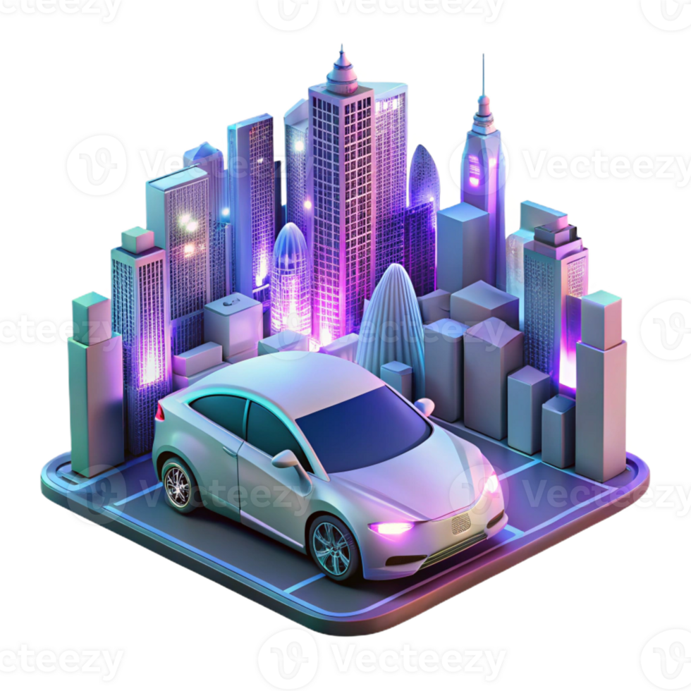 magnificent artistic A self-driving car navigating a futuristic city, illuminated by the neon signs and headlights, in a photorealistic, automotive design style premium png