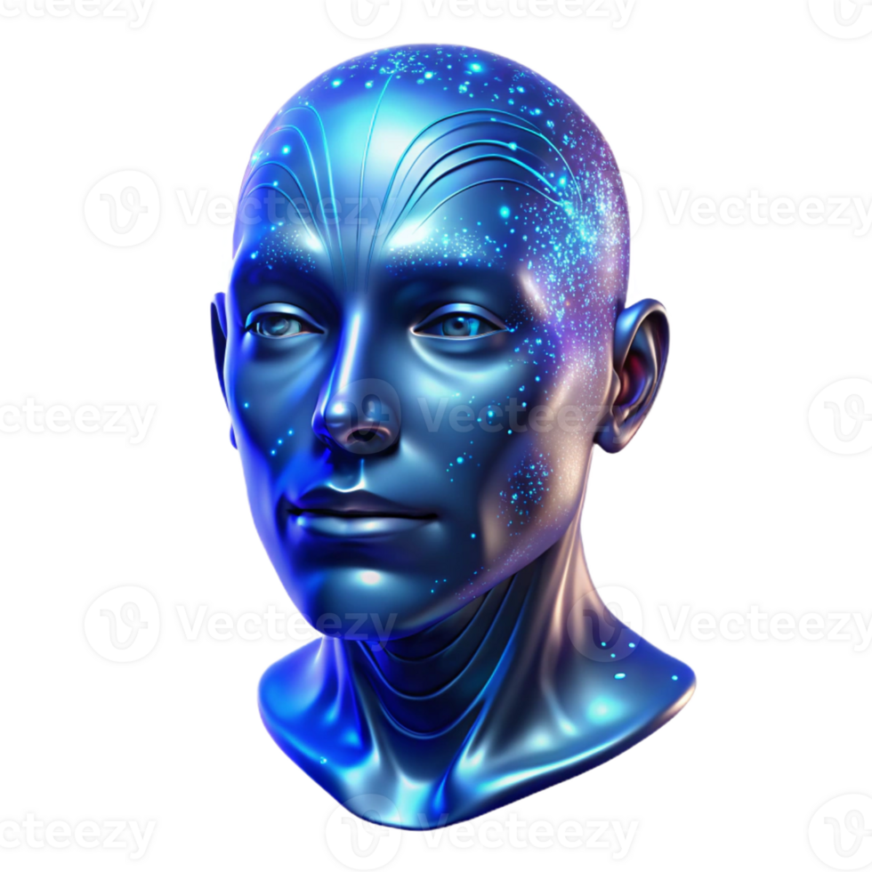 wonderful minimalist A holographic projection of a human face composed of swirling particles of light, illuminated by a cool, blue light, in a digital art style professional png
