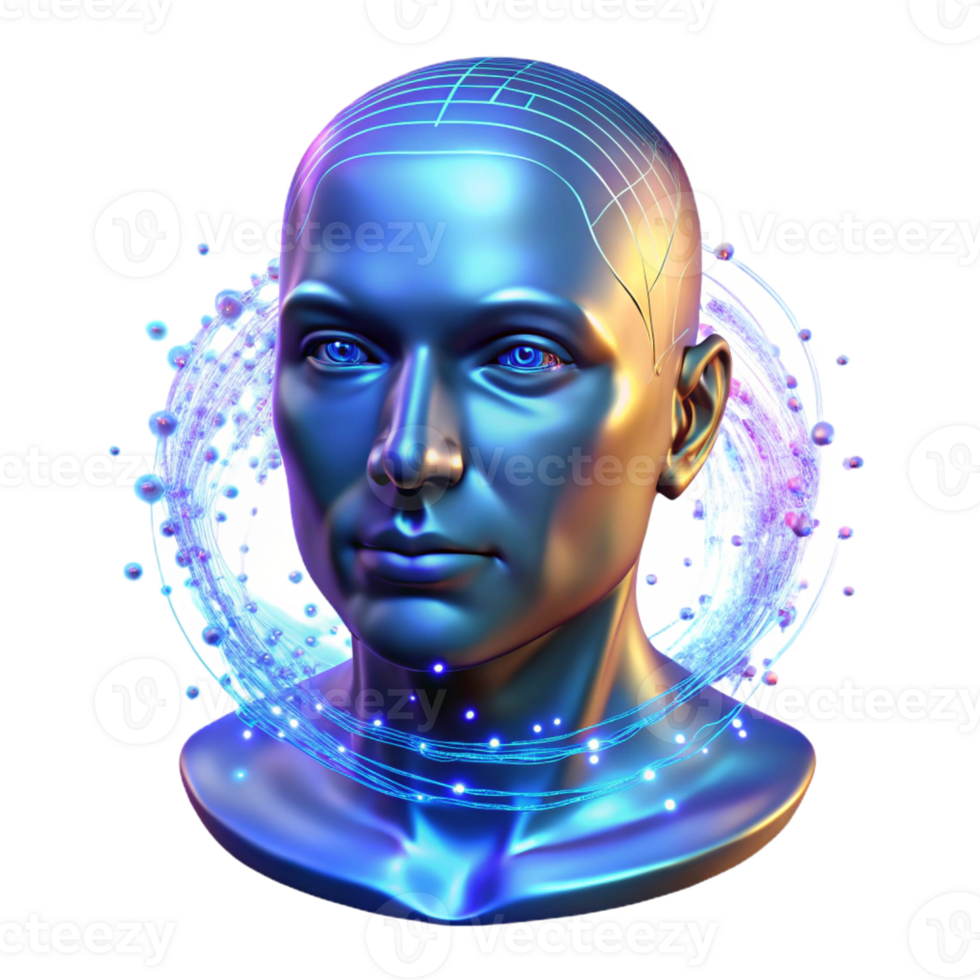 beautiful minimalist A holographic projection of a human face composed of swirling particles of light, illuminated by a cool, blue light, in a digital art style authentic png