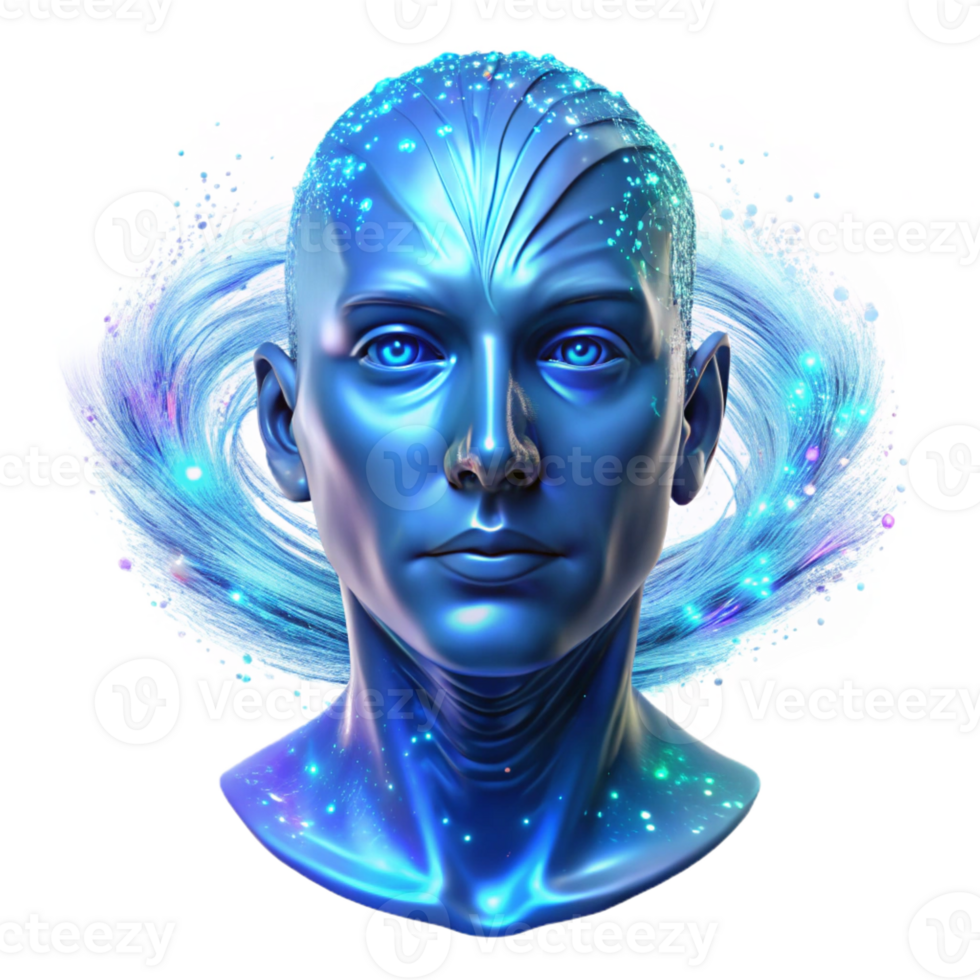 dramatic creative A holographic projection of a human face composed of swirling particles of light, illuminated by a cool, blue light, in a digital art style high quality png