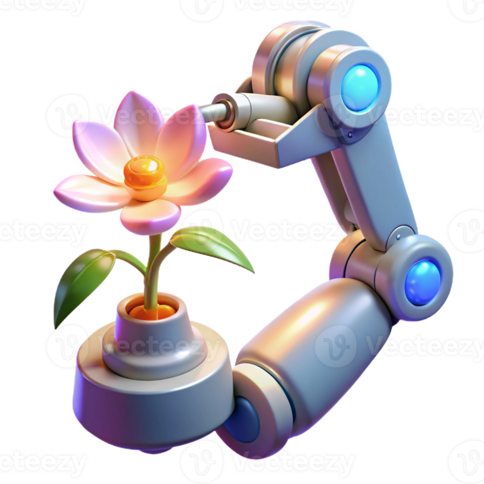vibrant contemporary A robotic arm holding a delicate flower, illuminated by soft, natural light, in a surreal style 4K png