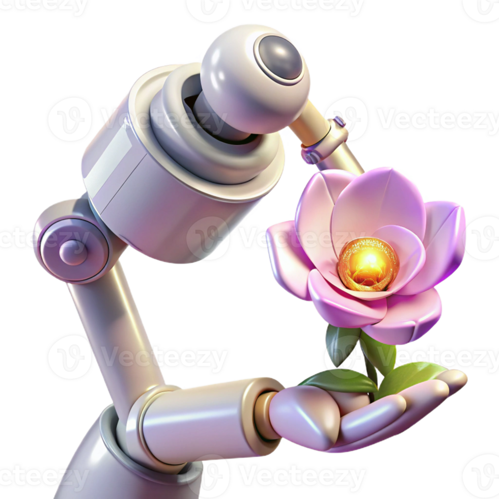 vibrant modern A robotic arm holding a delicate flower, illuminated by soft, natural light, in a surreal style authentic png