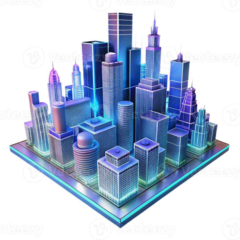 stunning artistic A futuristic city skyline rendered in wireframe, illuminated by glowing lines of different colors, in a technical drawing style exclusive png