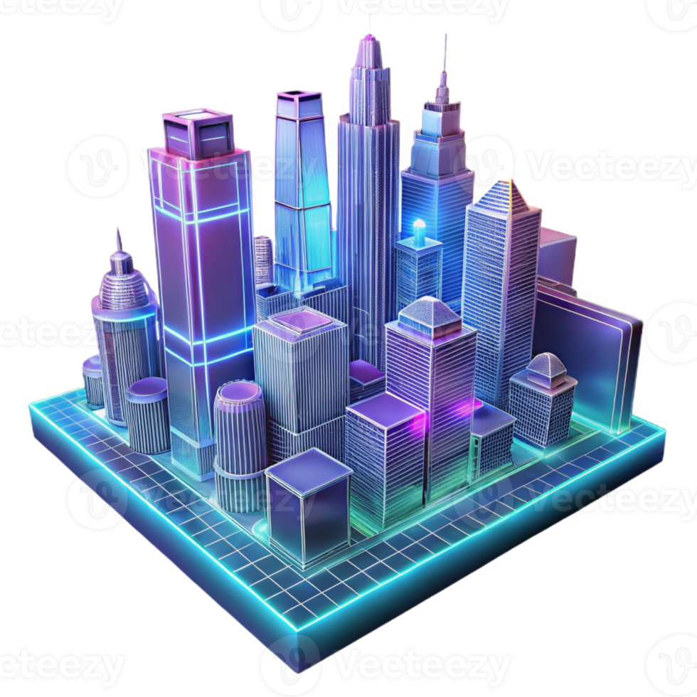 wonderful vintage A futuristic city skyline rendered in wireframe, illuminated by glowing lines of different colors, in a technical drawing style high resolution png