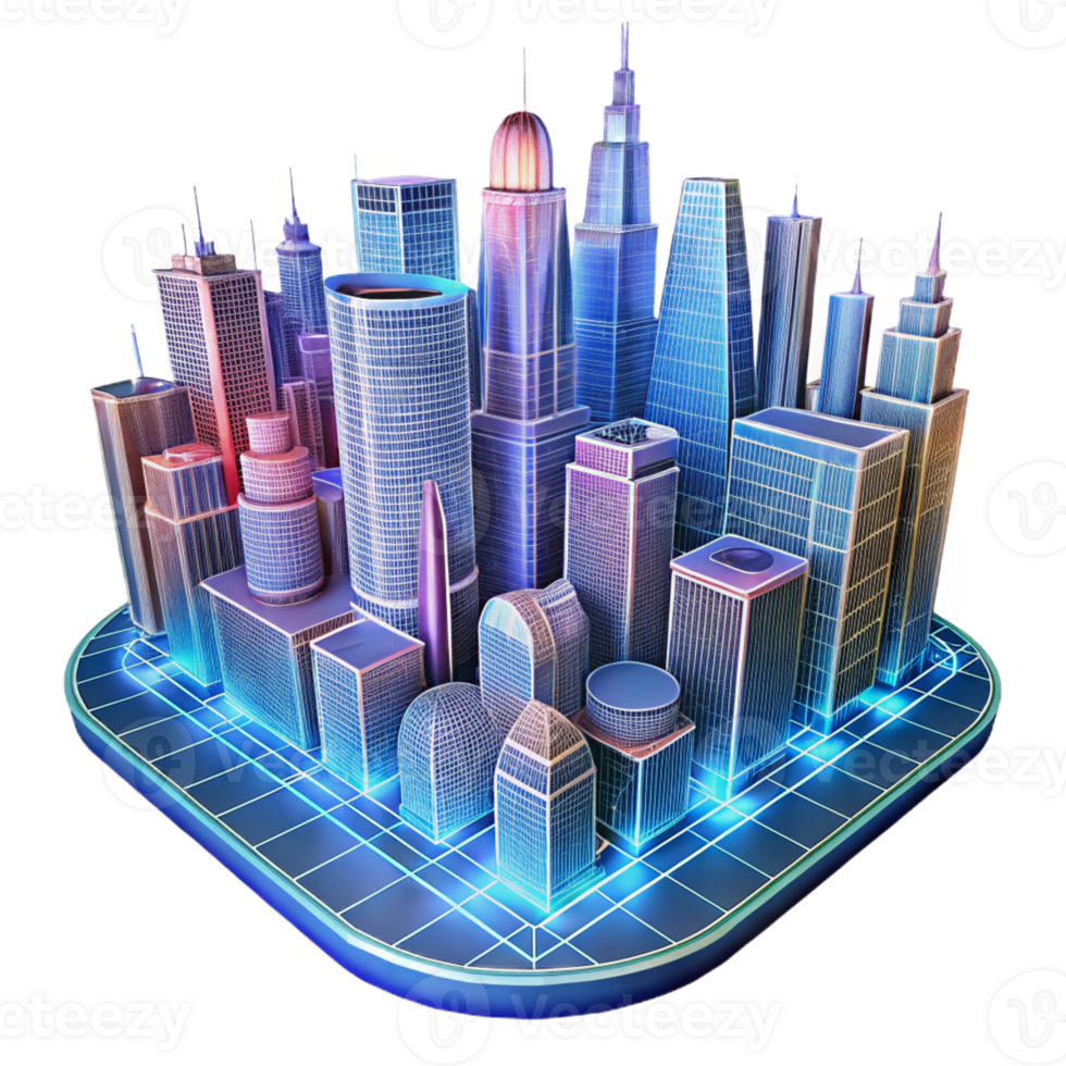 wonderful vintage A futuristic city skyline rendered in wireframe, illuminated by glowing lines of different colors, in a technical drawing style premium png