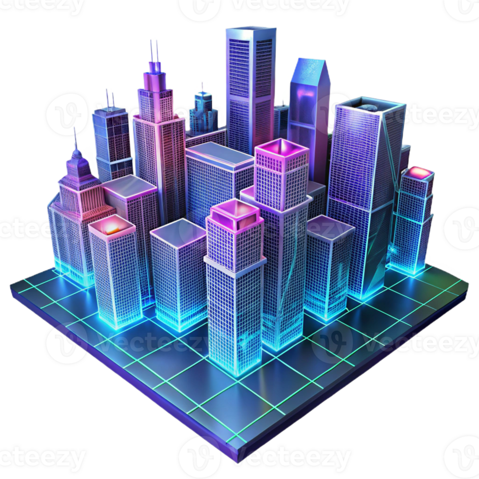 stunning modern A futuristic city skyline rendered in wireframe, illuminated by glowing lines of different colors, in a technical drawing style 4K png