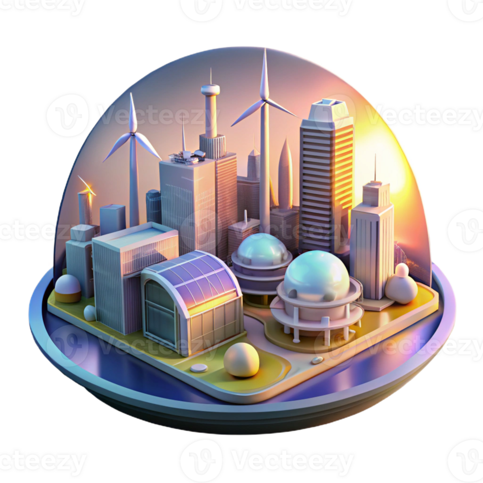 serene abstract A futuristic city powered by renewable energy, illuminated by a vibrant sunset, in a utopian, architectural visualization style authentic png