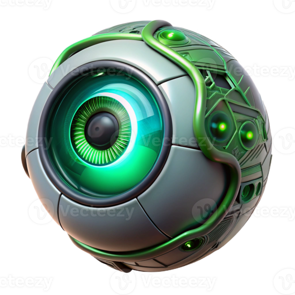 beautiful contemporary A close-up of a bionic eye with intricate details and glowing circuitry, illuminated by a soft, green light, in a cyberpunk style 4K png