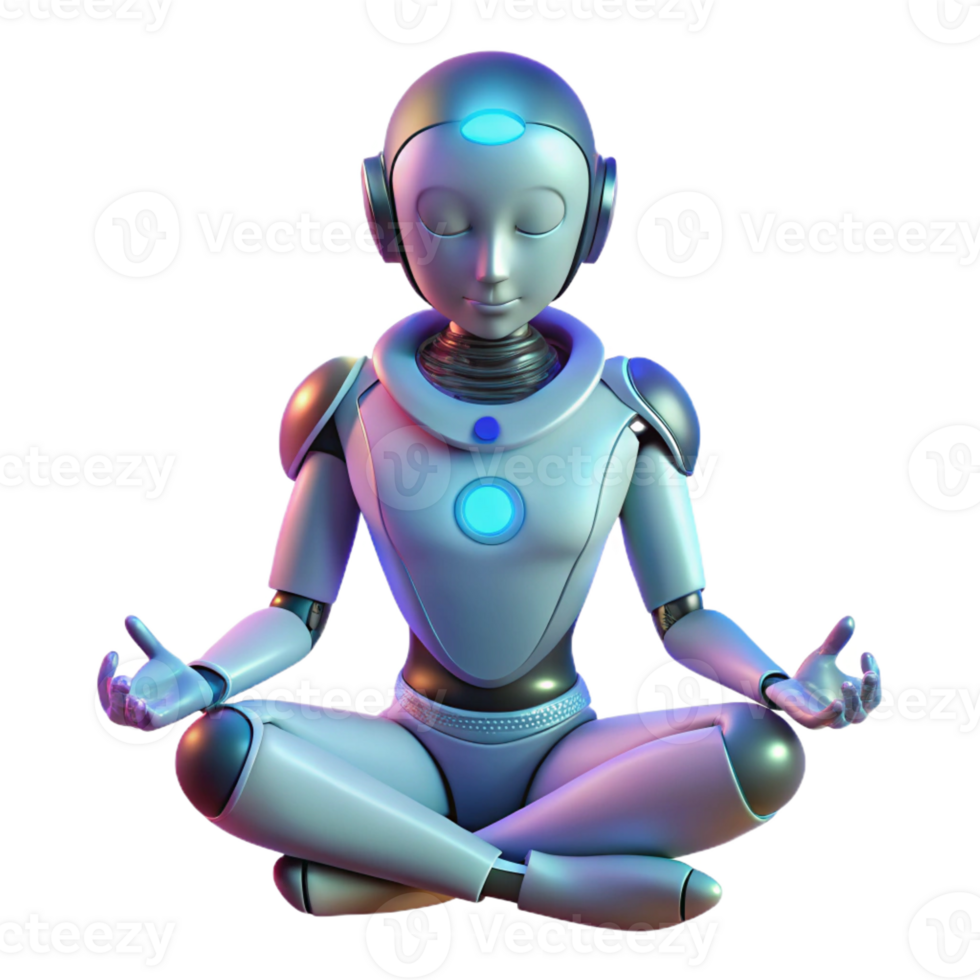 wonderful vintage A humanoid robot meditating in a lotus position, illuminated by a soft, ethereal glow, in a spiritual, futuristic style high resolution png