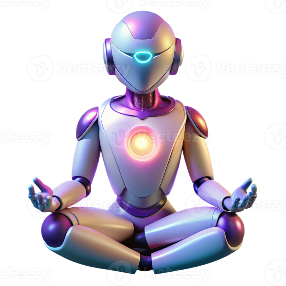 impressive traditional A humanoid robot meditating in a lotus position, illuminated by a soft, ethereal glow, in a spiritual, futuristic style detailed png