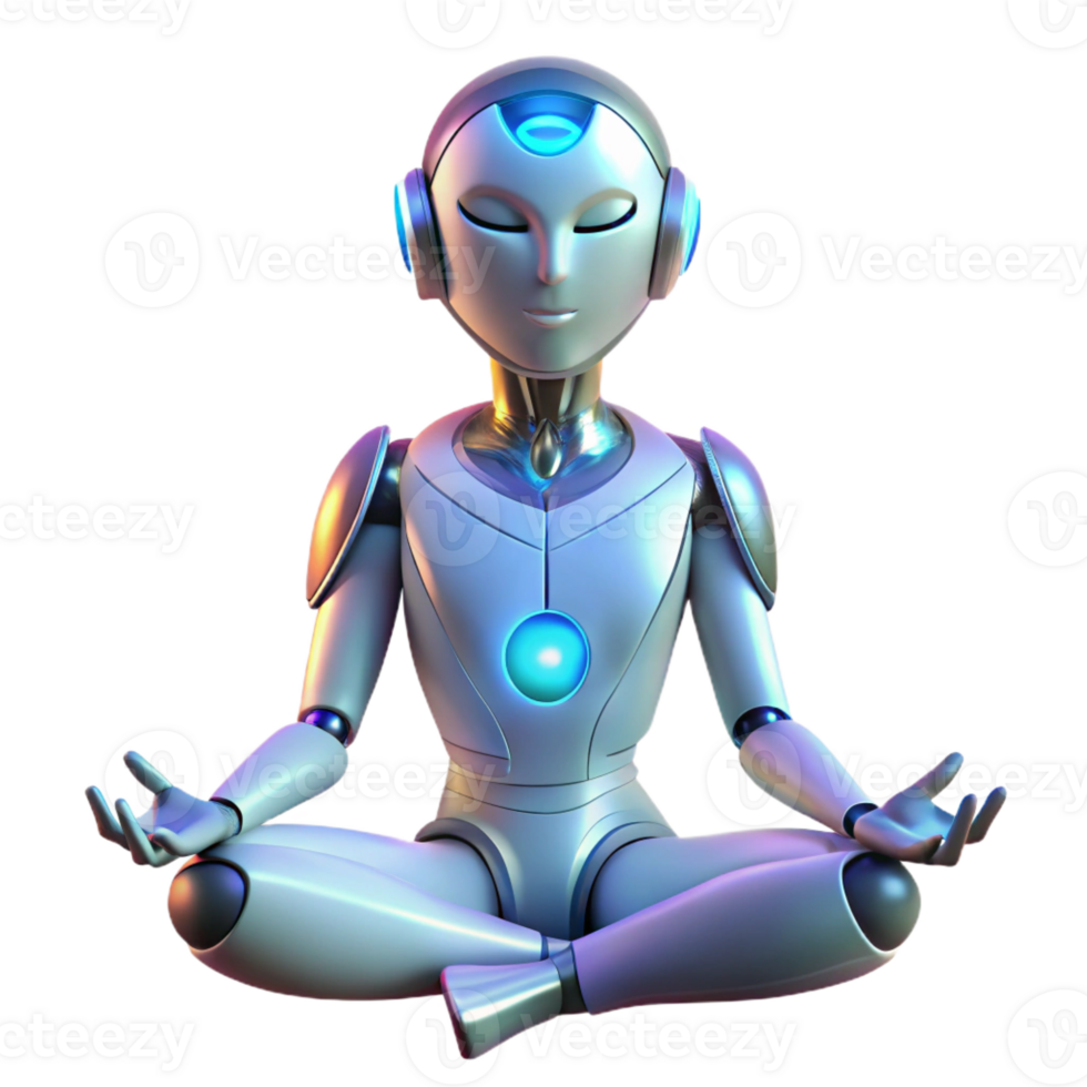 serene vintage A humanoid robot meditating in a lotus position, illuminated by a soft, ethereal glow, in a spiritual, futuristic style high quality png