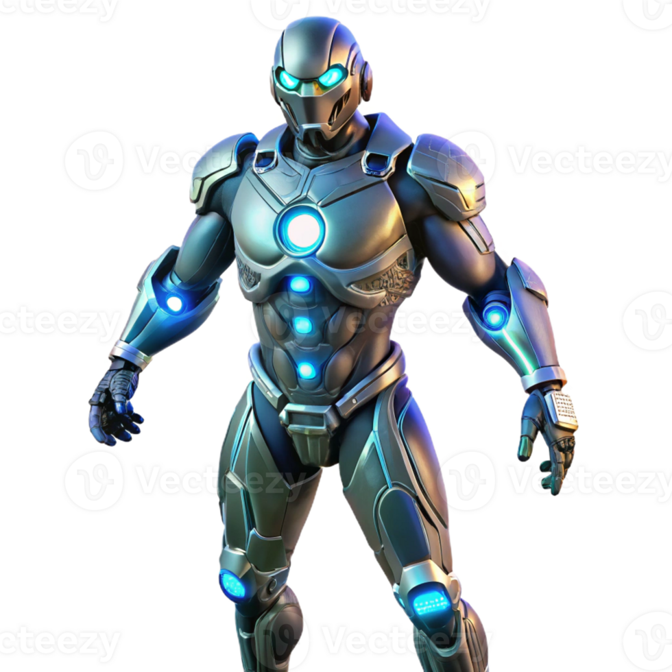 vibrant creative A futuristic exoskeleton suit enhancing human strength and agility, illuminated by dynamic, shifting lights, in a cyberpunk style authentic png