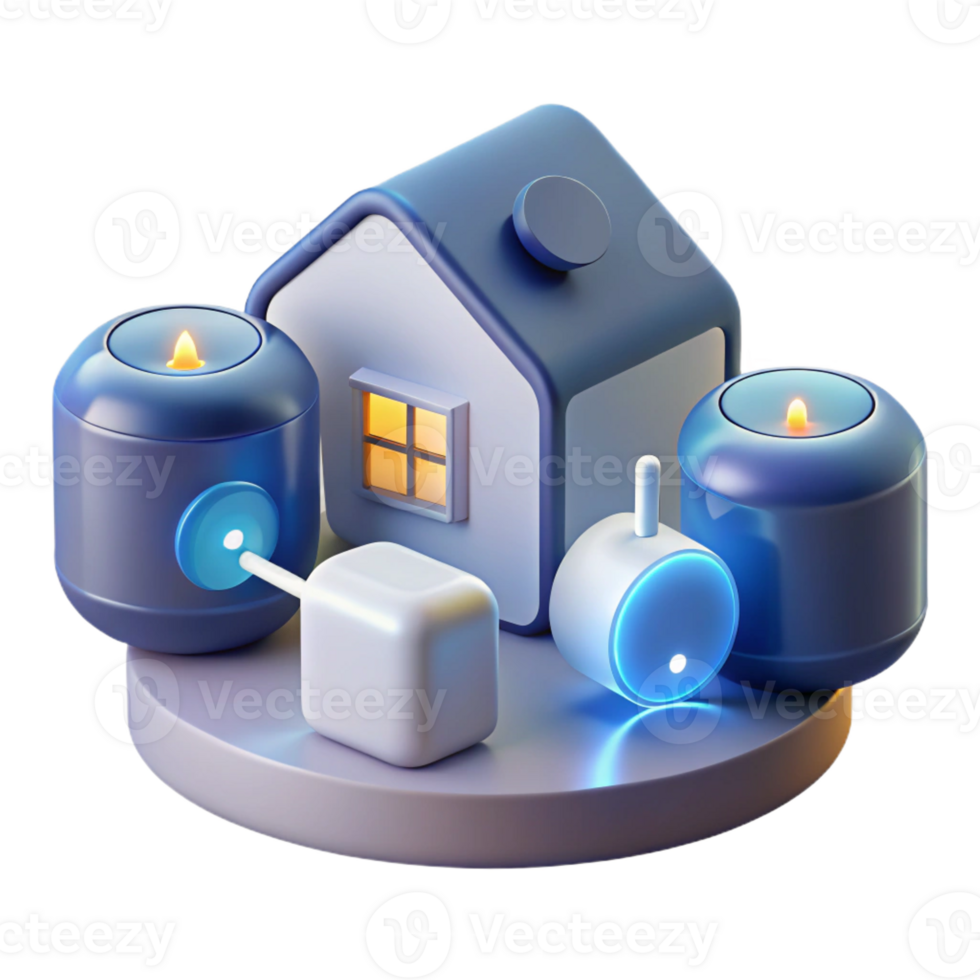 elegant artistic A group of interconnected smart home devices, illuminated by soft, ambient lighting, in a home automation, realistic style high resolution png