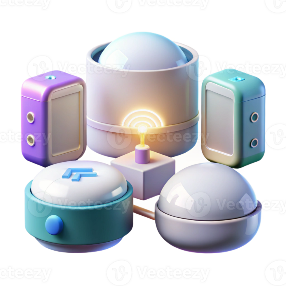 beautiful minimalist A group of interconnected smart home devices, illuminated by soft, ambient lighting, in a home automation, realistic style high resolution png