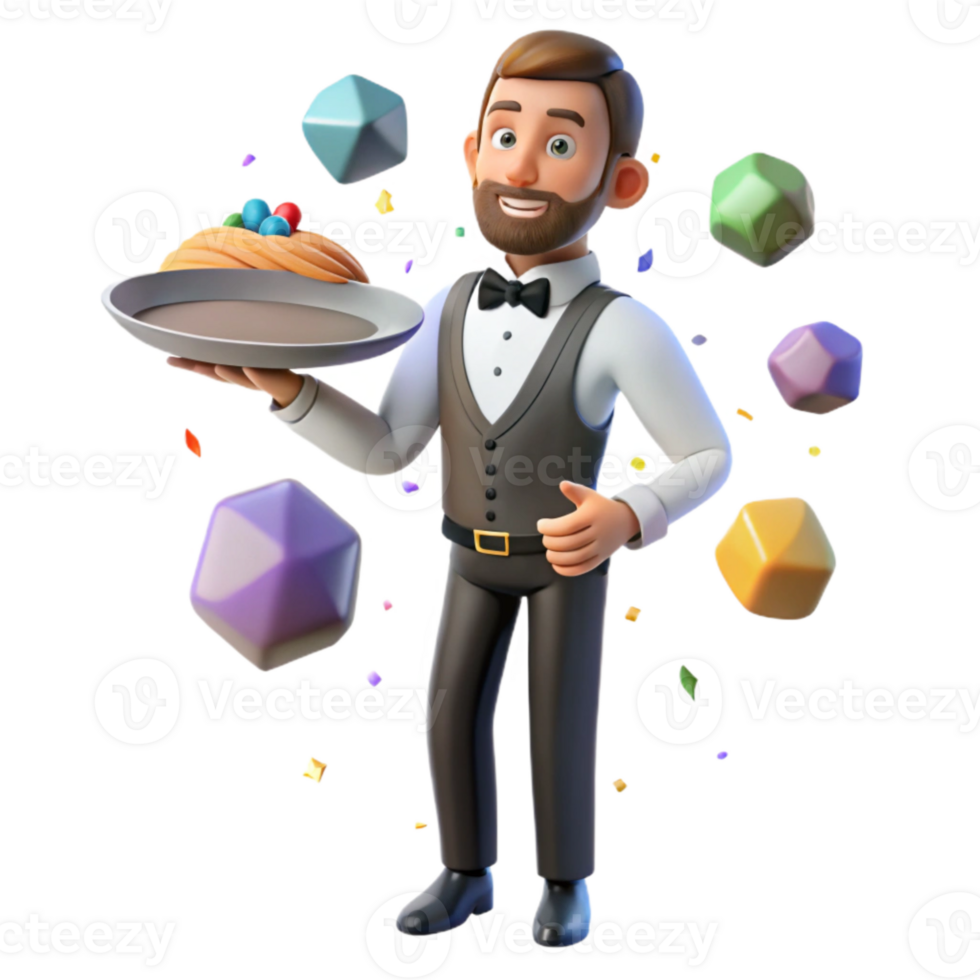 elegant classic Waiter Isolated with Tray and Napkin detailed png