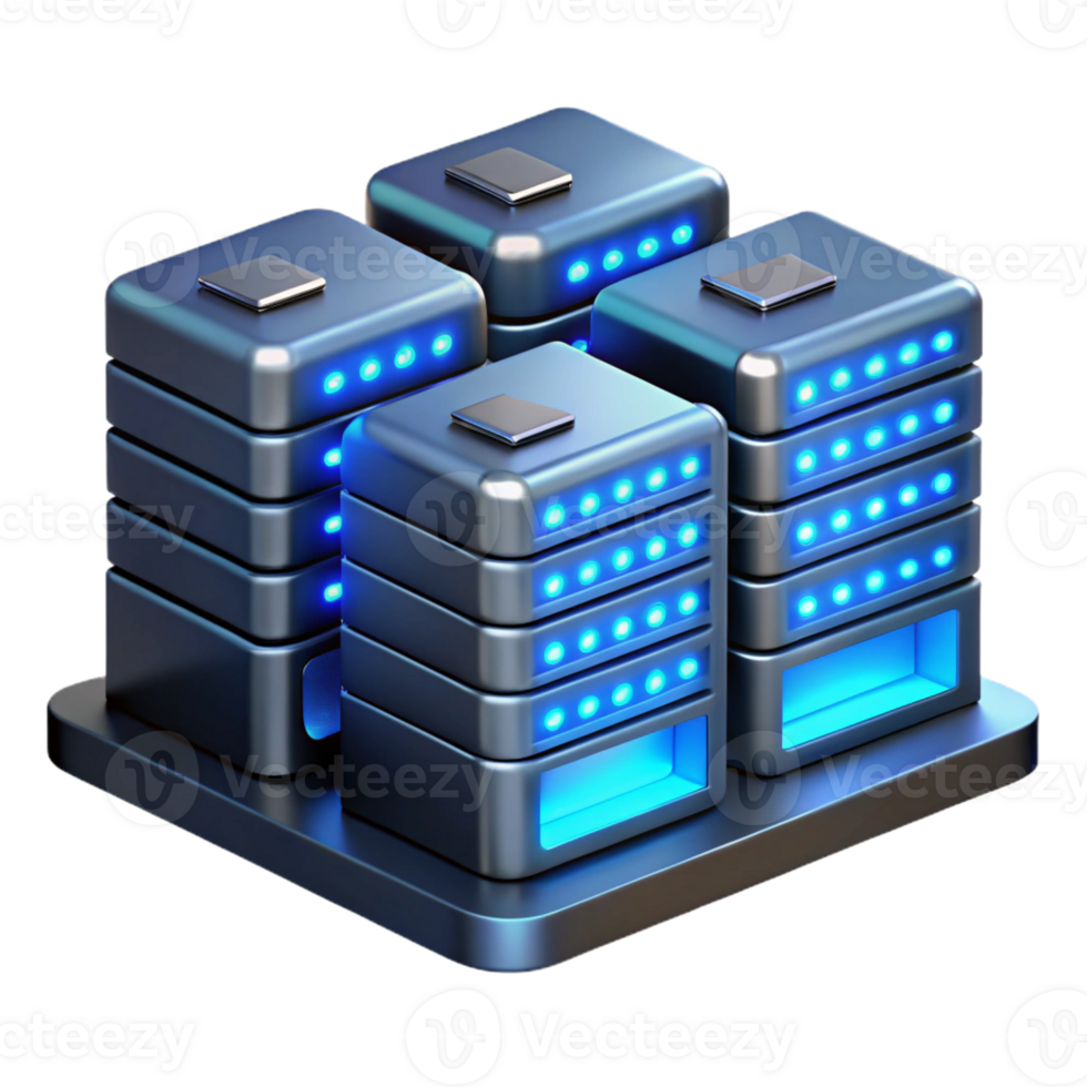 magnificent modern A server room with rows of blinking servers, illuminated by cool, blue LED lights, in a data center, technical style detailed png