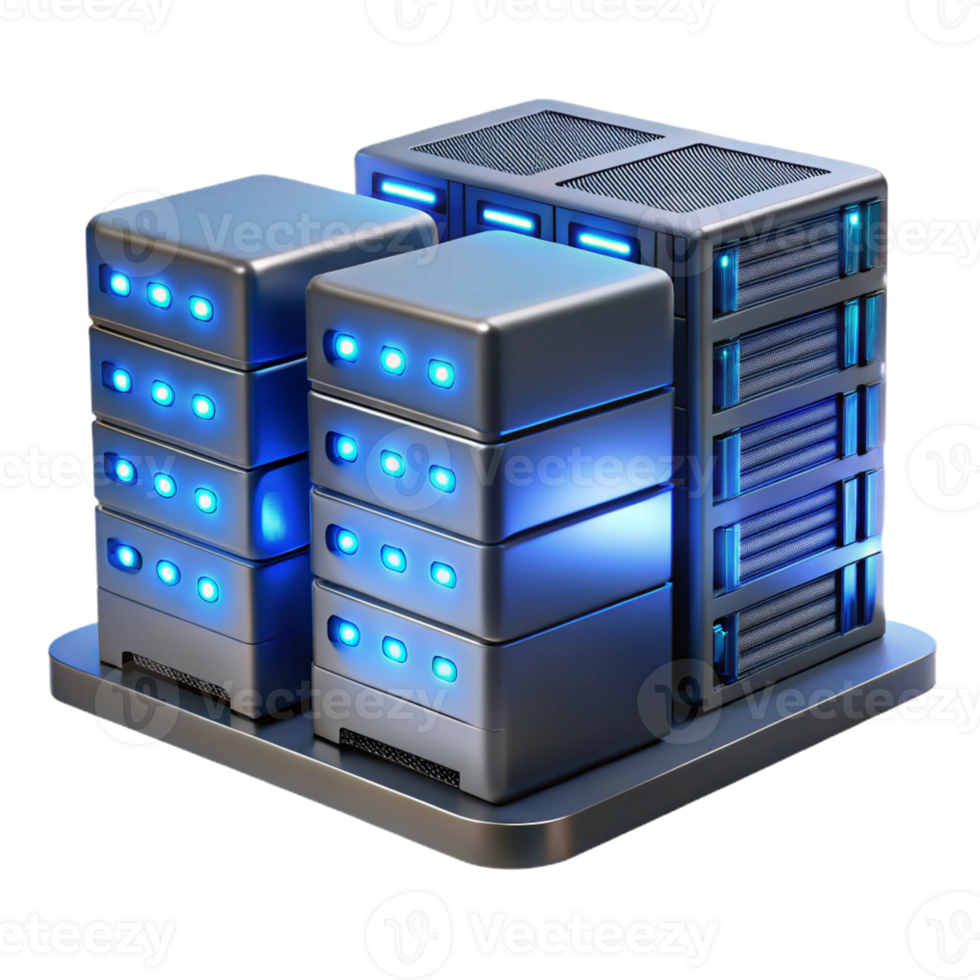 beautiful creative A server room with rows of blinking servers, illuminated by cool, blue LED lights, in a data center, technical style detailed png