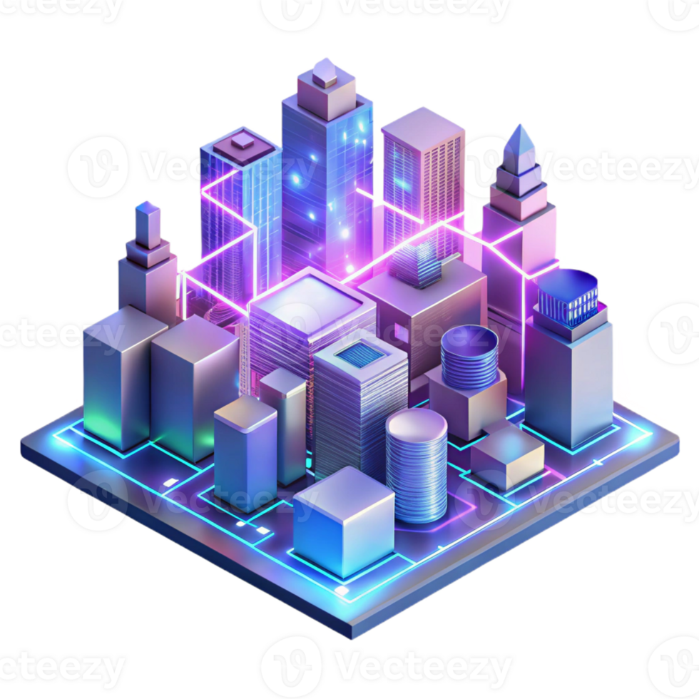 wonderful rustic A futuristic cityscape composed entirely of interconnected circuit boards and glowing data streams, viewed from a low angle, vibrant neon colors, isometric style high resolution png