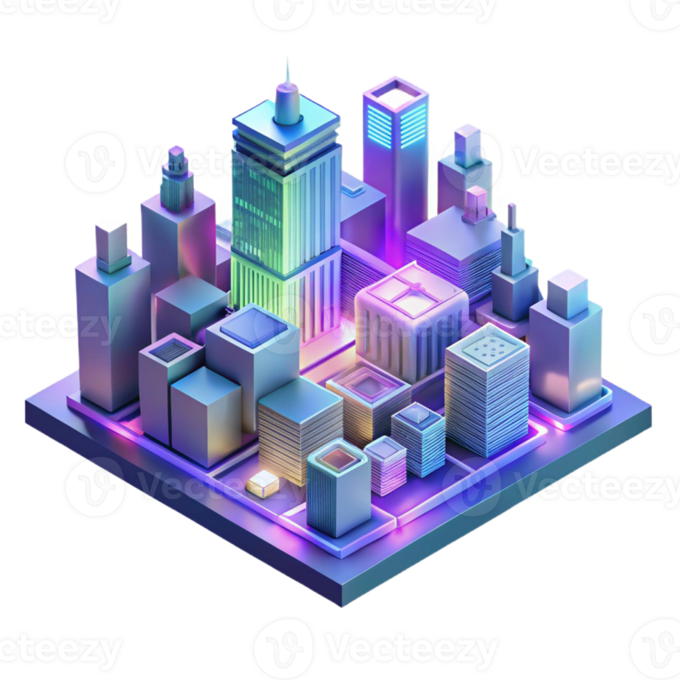serene modern A futuristic cityscape composed entirely of interconnected circuit boards and glowing data streams, viewed from a low angle, vibrant neon colors, isometric style high resolution png