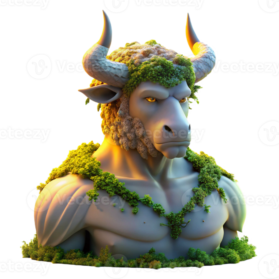 magnificent traditional A stoic, marble statue of a Minotaur, slowly crumbling and overgrown with vibrant moss and vines, lit by the warm glow of a setting sun, in a hyperrealistic style original png