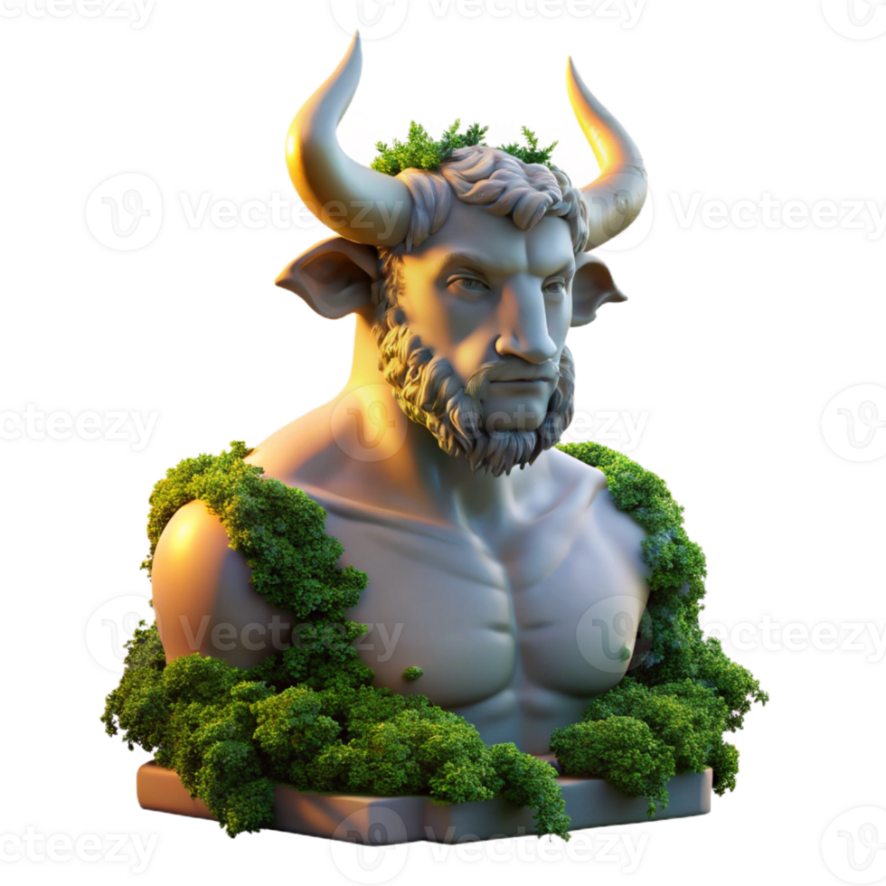 dramatic modern A stoic, marble statue of a Minotaur, slowly crumbling and overgrown with vibrant moss and vines, lit by the warm glow of a setting sun, in a hyperrealistic style detailed png