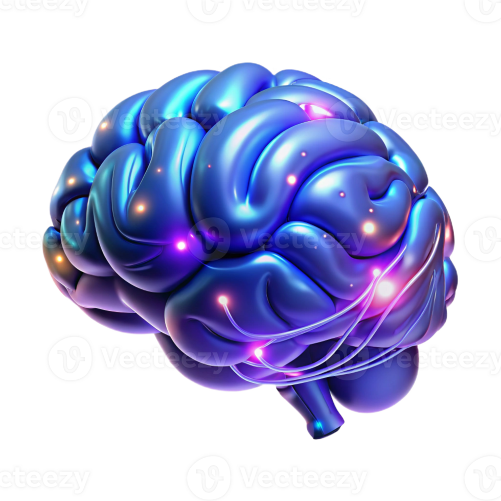 dramatic classic A holographic projection of a human brain rotating slowly, intricate neural networks pulsing with light, dark blue and purple lighting, abstract style premium png