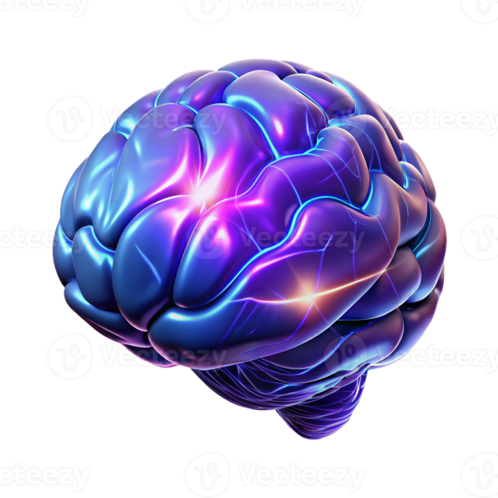 wonderful creative A holographic projection of a human brain rotating slowly, intricate neural networks pulsing with light, dark blue and purple lighting, abstract style exclusive png