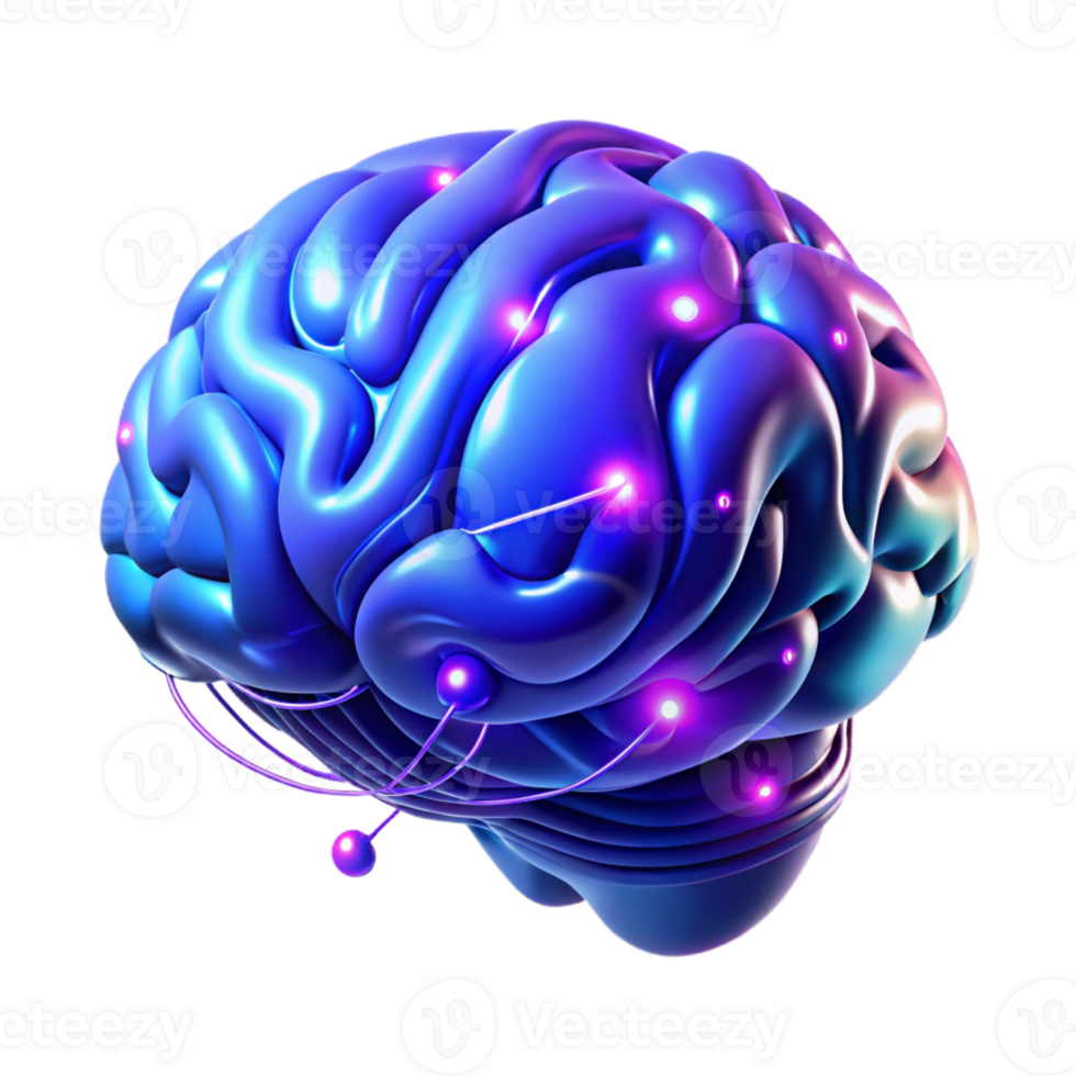 magnificent classic A holographic projection of a human brain rotating slowly, intricate neural networks pulsing with light, dark blue and purple lighting, abstract style high resolution png