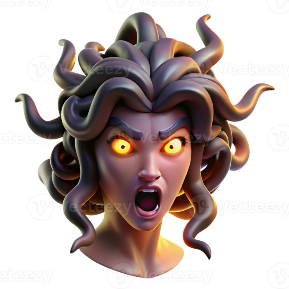 serene classic A fierce Medusa with snakes writhing in her hair, their eyes glowing menacingly, illuminated by flickering torchlight, in a dark, gothic style detailed png