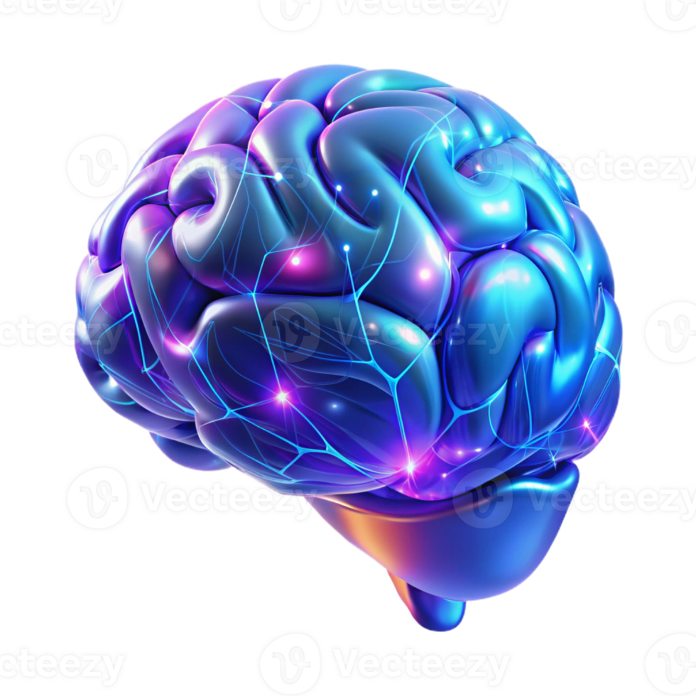 dramatic modern A holographic projection of a human brain rotating slowly, intricate neural networks pulsing with light, dark blue and purple lighting, abstract style detailed png