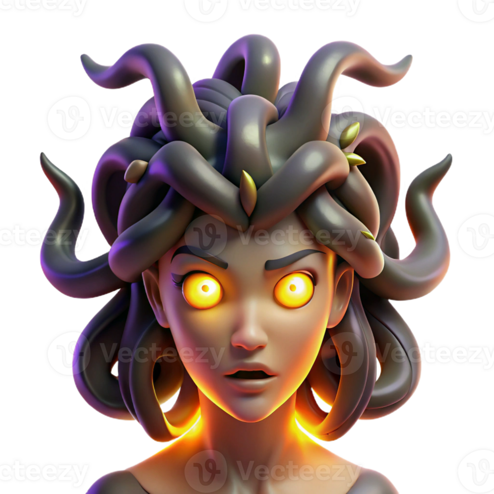 extraordinary contemporary A fierce Medusa with snakes writhing in her hair, their eyes glowing menacingly, illuminated by flickering torchlight, in a dark, gothic style authentic png