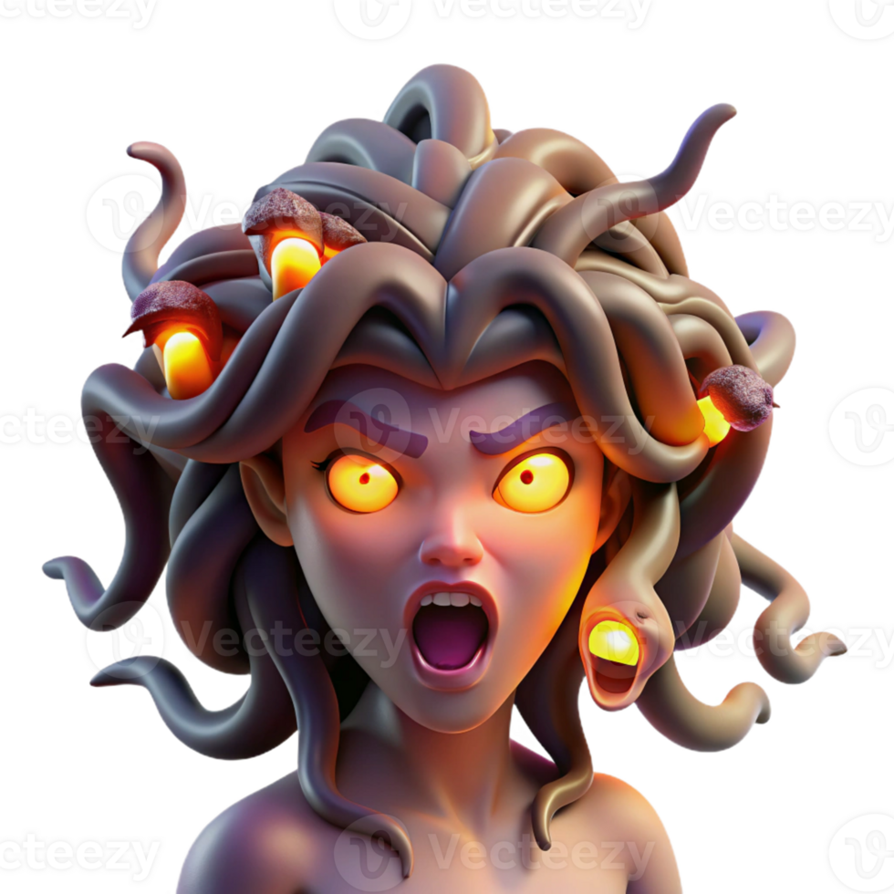 dramatic traditional A fierce Medusa with snakes writhing in her hair, their eyes glowing menacingly, illuminated by flickering torchlight, in a dark, gothic style detailed png