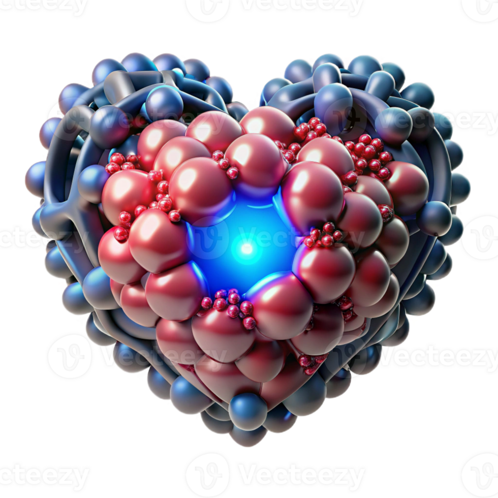 stunning artistic A swarm of nanobots assembling into the shape of a human heart, glowing with an internal light source, dark background, microscopic style high resolution png