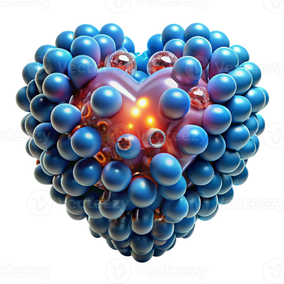 beautiful minimalist A swarm of nanobots assembling into the shape of a human heart, glowing with an internal light source, dark background, microscopic style genuine png