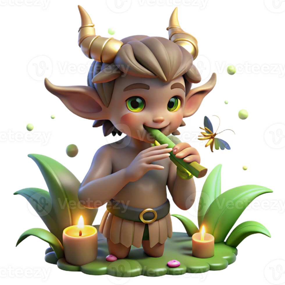 stunning rustic A mischievous satyr playing a pan flute, surrounded by playful woodland sprites, lit by fireflies, in a vibrant, Impressionist painting style authentic png