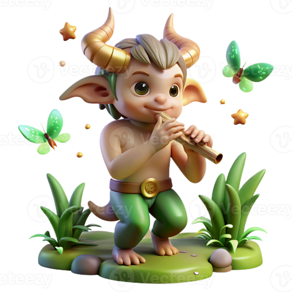 serene classic A mischievous satyr playing a pan flute, surrounded by playful woodland sprites, lit by fireflies, in a vibrant, Impressionist painting style professional png
