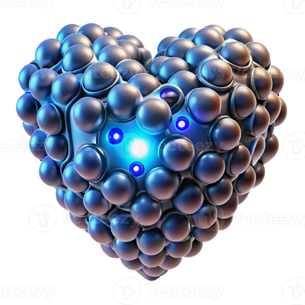 dramatic modern A swarm of nanobots assembling into the shape of a human heart, glowing with an internal light source, dark background, microscopic style original png