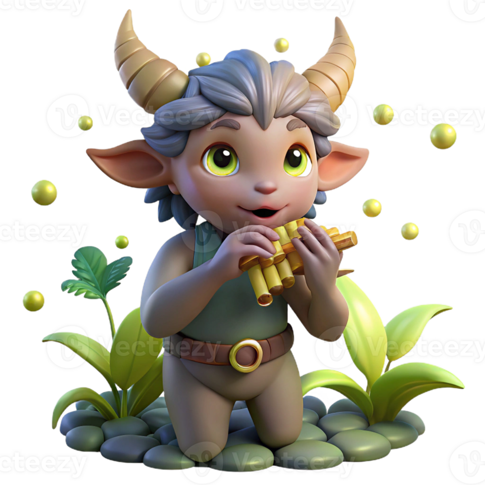 serene modern A mischievous satyr playing a pan flute, surrounded by playful woodland sprites, lit by fireflies, in a vibrant, Impressionist painting style premium png