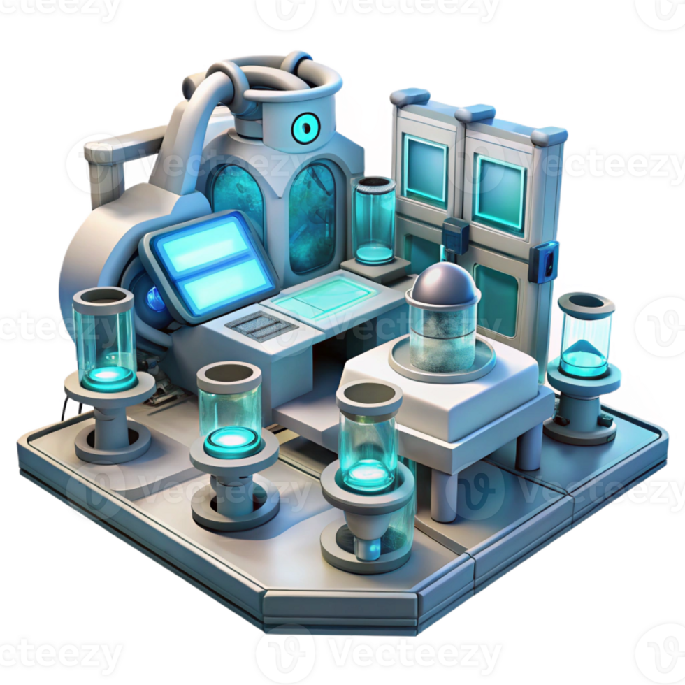 wonderful modern A futuristic laboratory filled with glowing screens and complex machinery, sterile white lighting, realistic style premium png