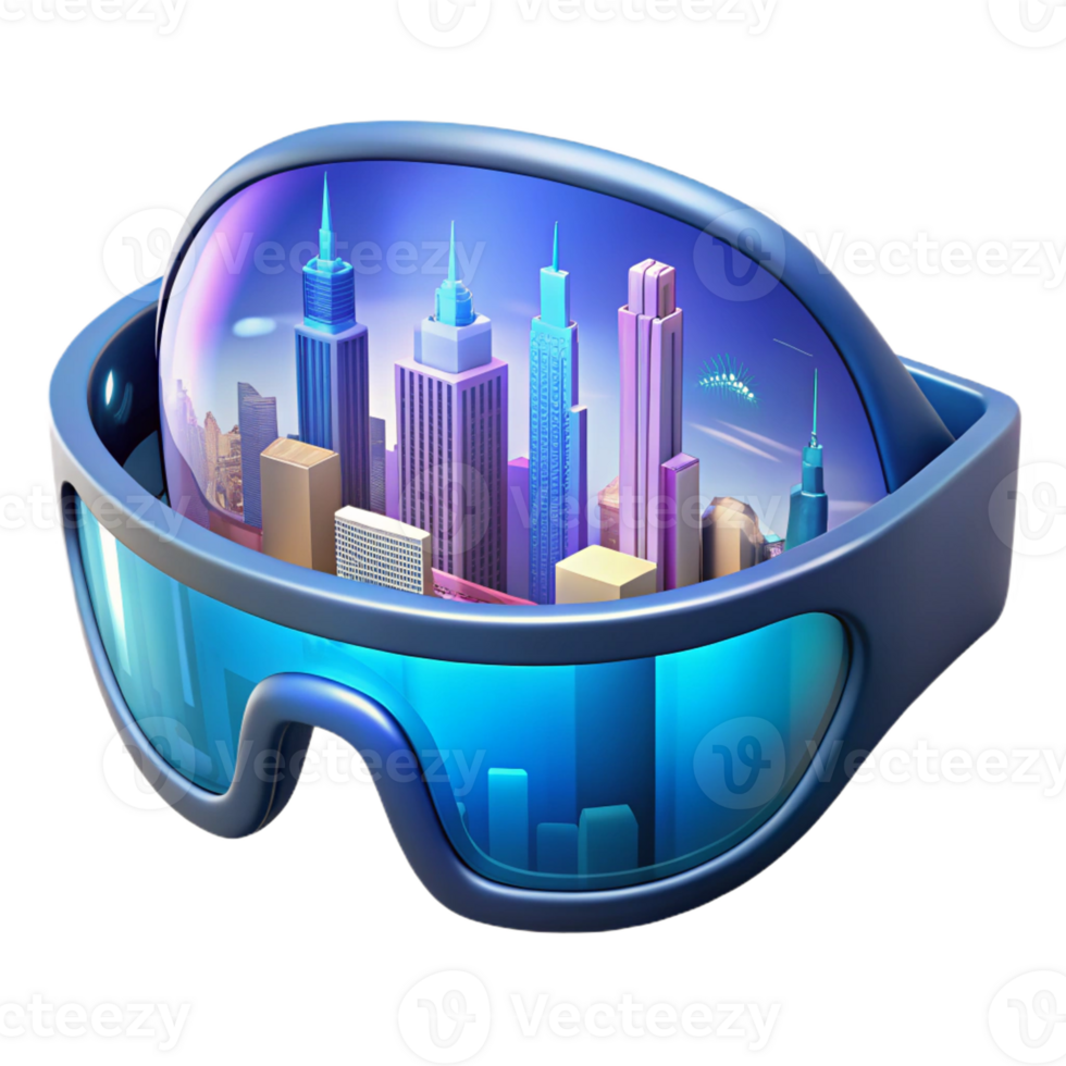 vibrant minimalist A pair of augmented reality glasses displaying a virtual cityscape, sleek design, soft blue light, product design style authentic png