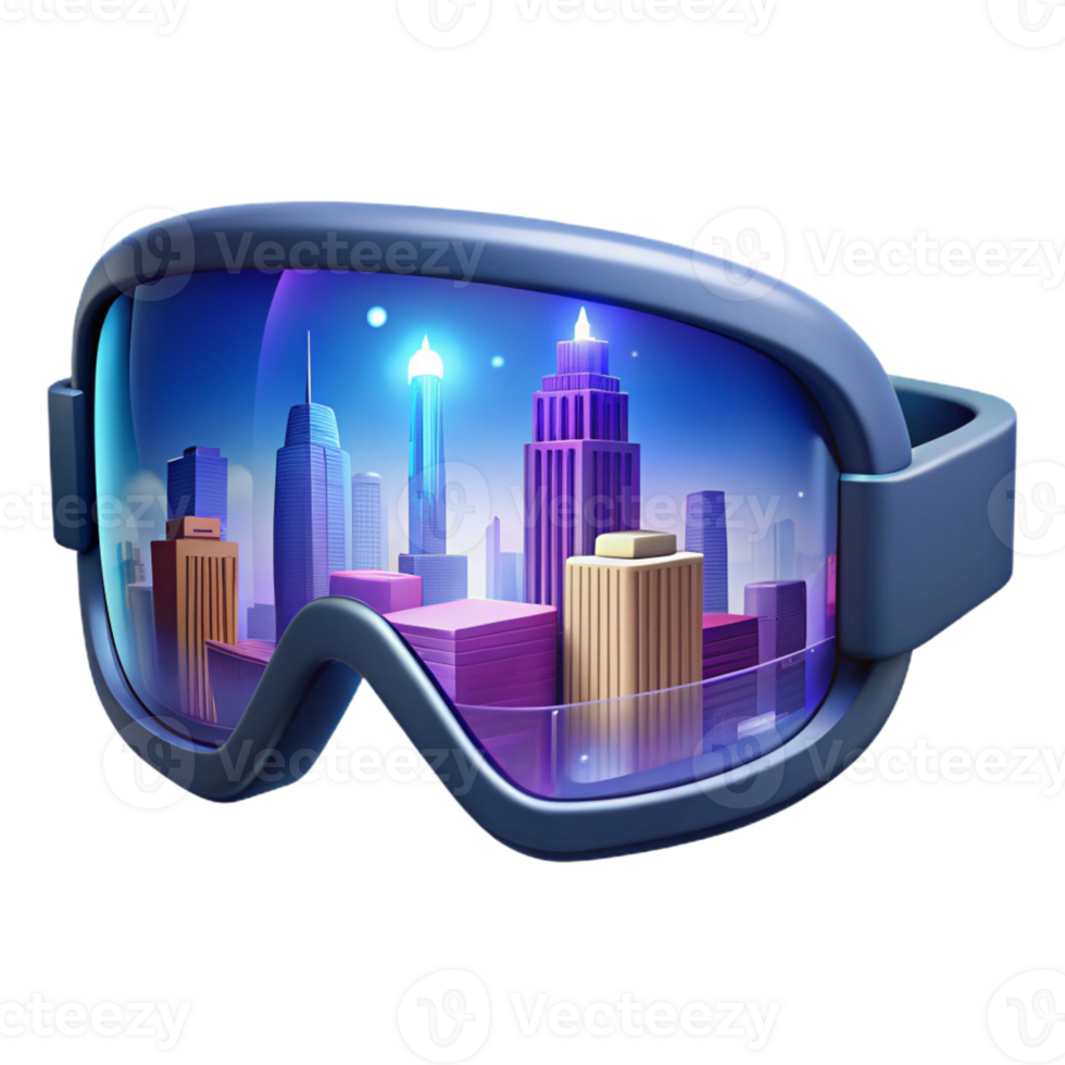 wonderful rustic A pair of augmented reality glasses displaying a virtual cityscape, sleek design, soft blue light, product design style high resolution png